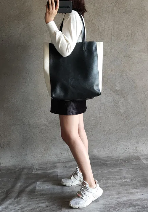 Black and White Leather Purse Two Tone Tote Leather Black and White Tote Black White Tote