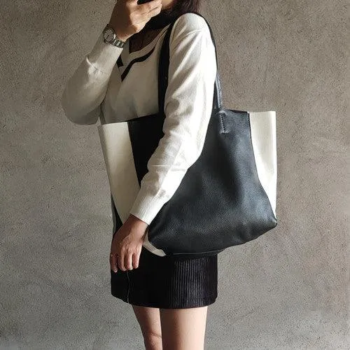 Black and White Leather Purse Two Tone Tote Leather Black and White Tote Black White Tote