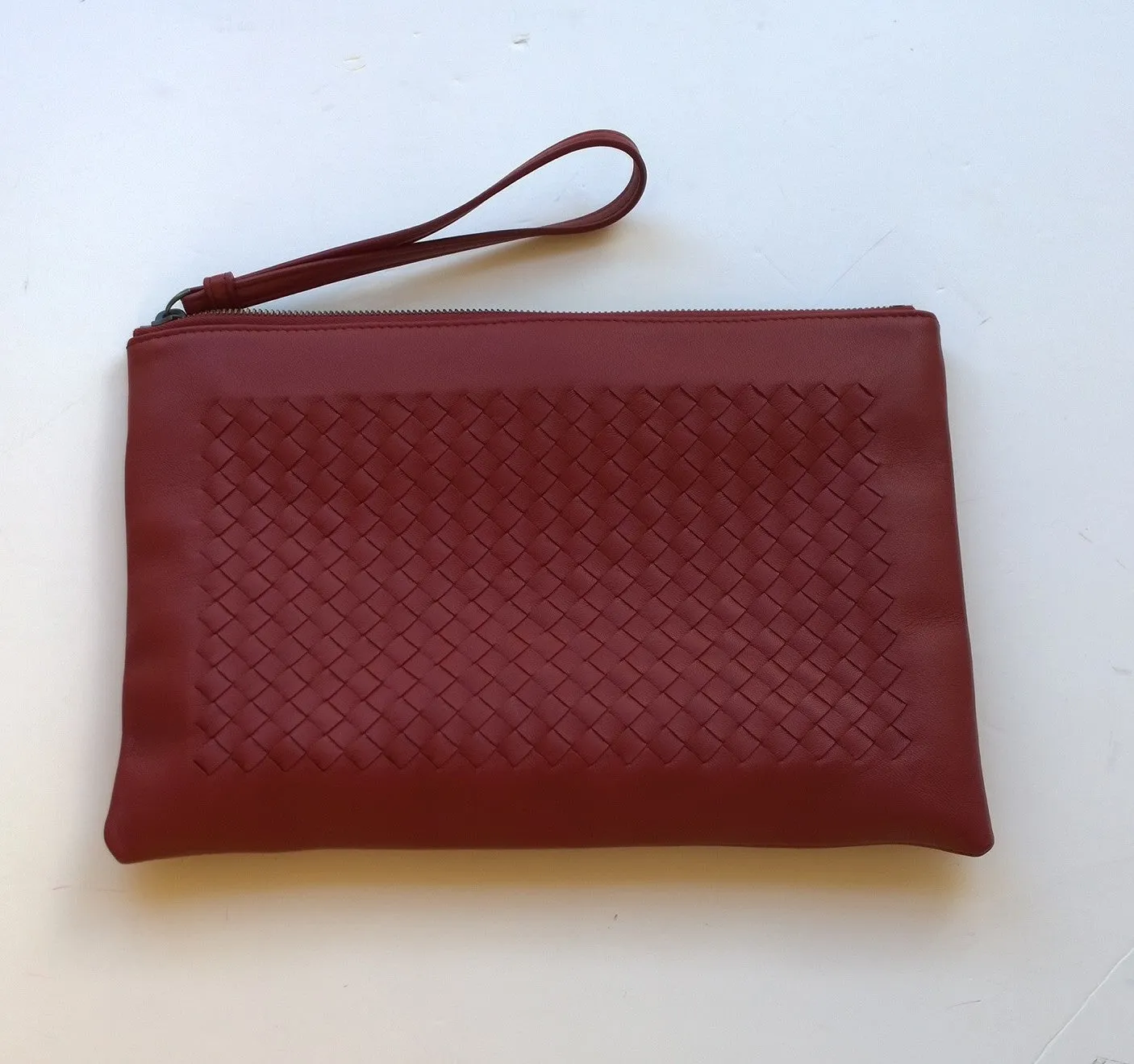 Bottega Veneta Burgundy Woven Clutch with Wrist Strap