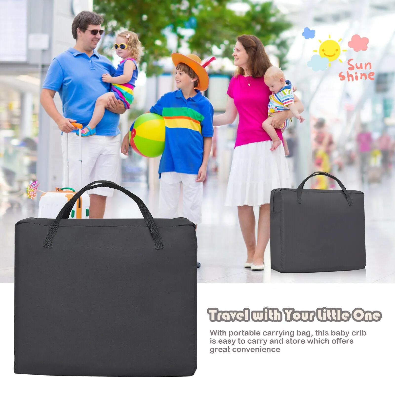 Breathable 2-in-1 Travel Cot Playpen with Spine Supporting Mattress & Carry Bag | Portable Crib | Black