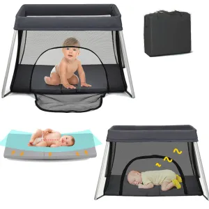 Breathable 2-in-1 Travel Cot Playpen with Spine Supporting Mattress & Carry Bag | Portable Crib | Black