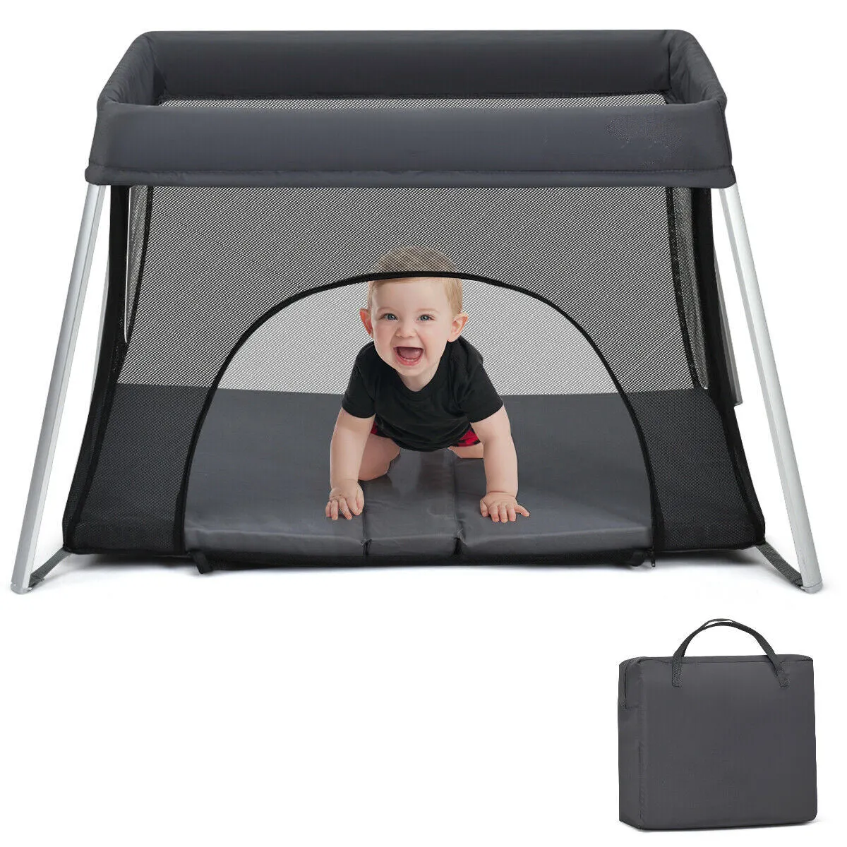 Breathable 2-in-1 Travel Cot Playpen with Spine Supporting Mattress & Carry Bag | Portable Crib | Black