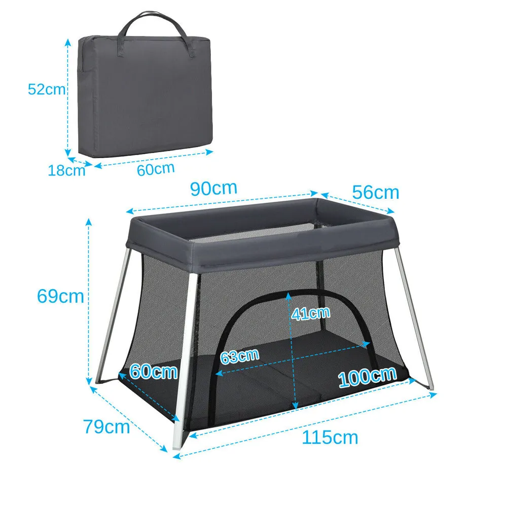 Breathable 2-in-1 Travel Cot Playpen with Spine Supporting Mattress & Carry Bag | Portable Crib | Black