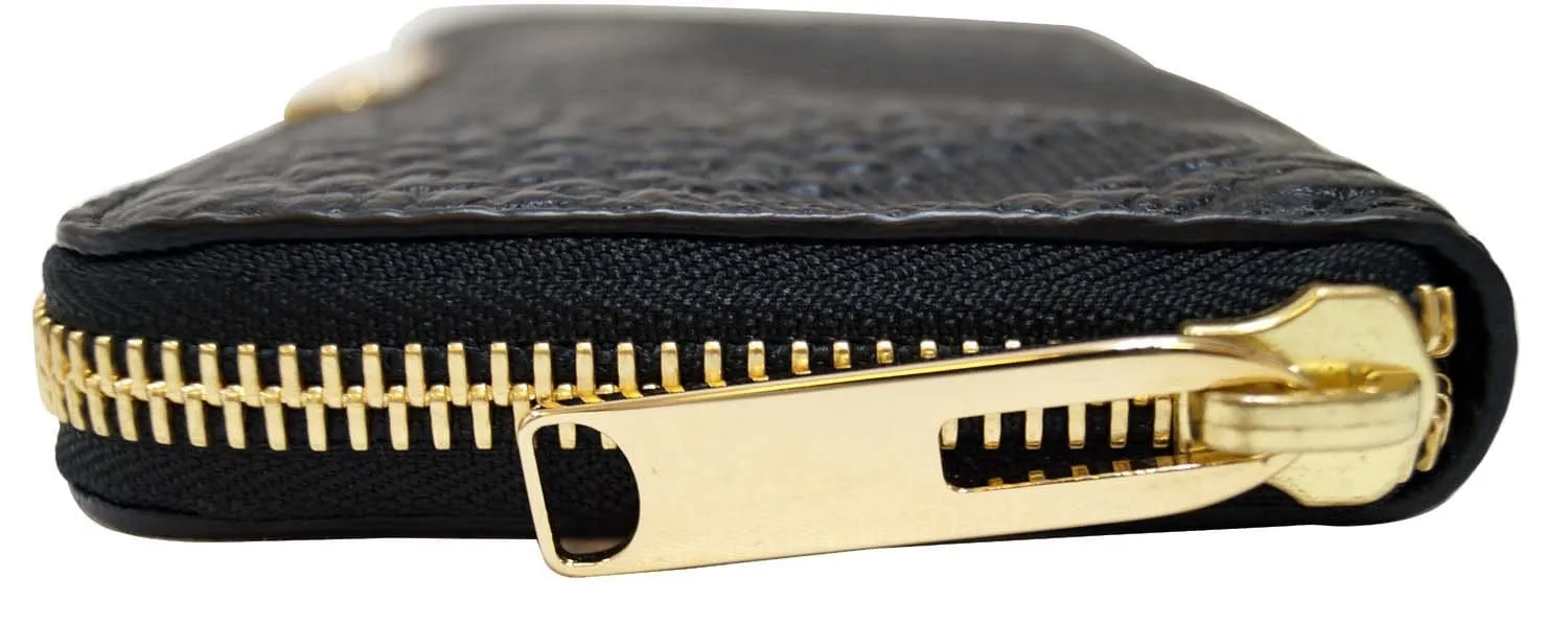 BURBERRY Embossed Check Leather Zip Around Wallet Black
