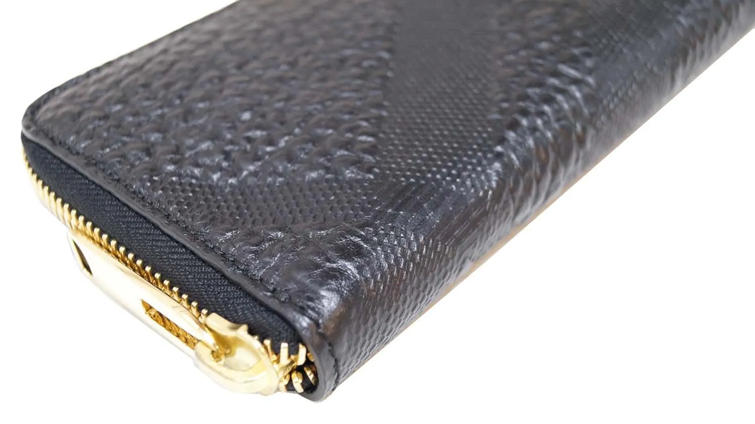 BURBERRY Embossed Check Leather Zip Around Wallet Black
