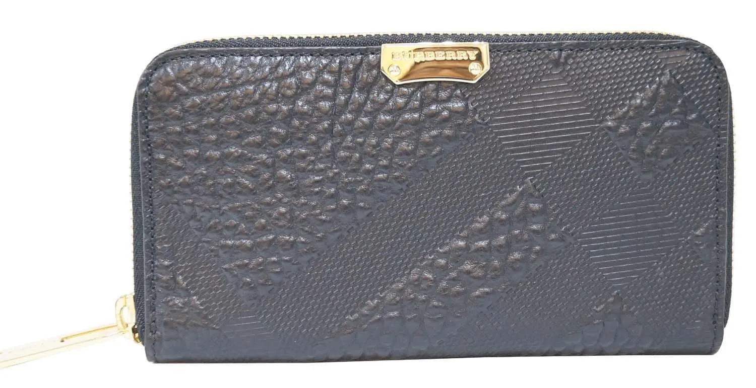 BURBERRY Embossed Check Leather Zip Around Wallet Black