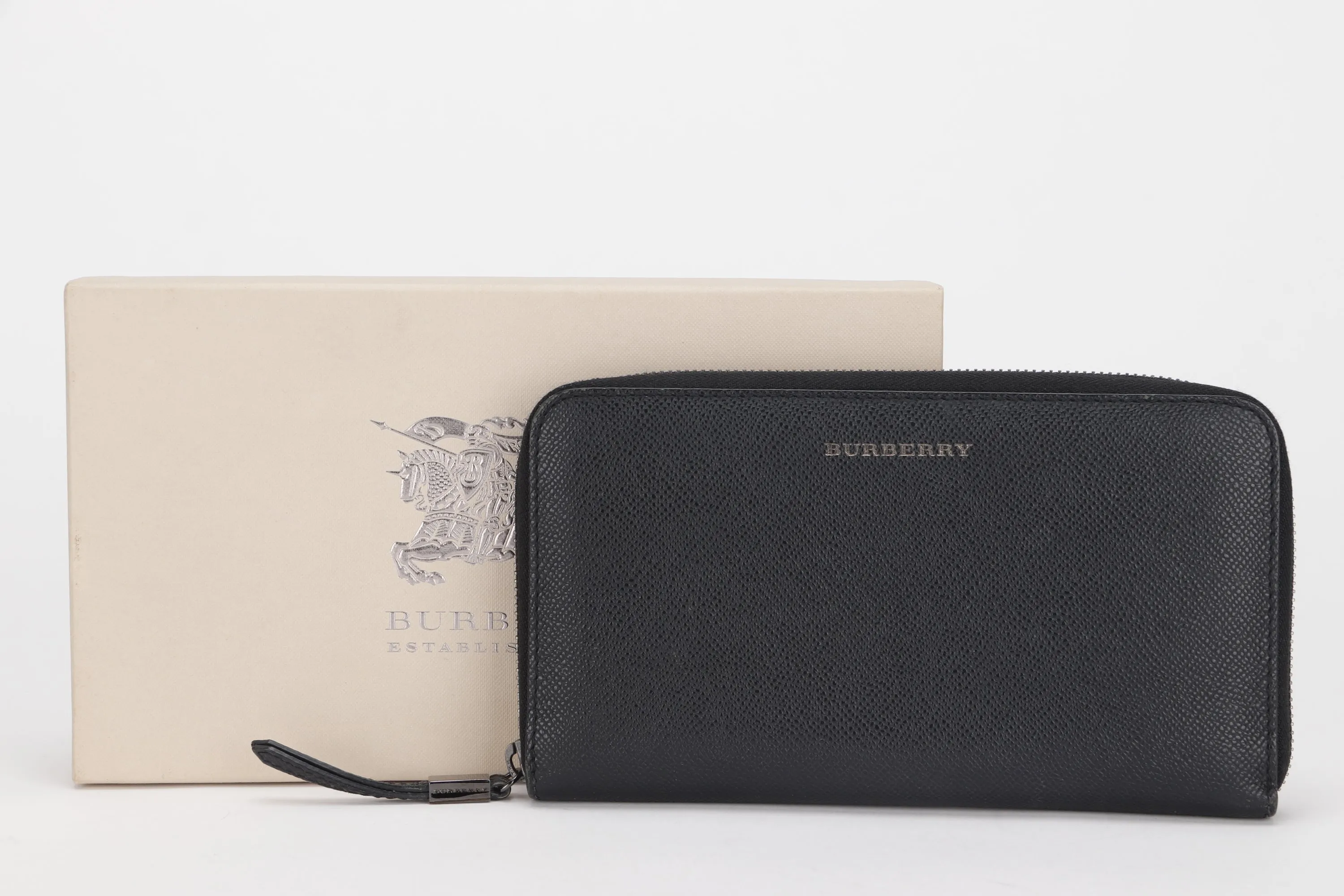 BURBERRY RENFREW LONG ZIP AROUND WALLET CALF GRAIN LEATHER, WITH BOX, NO DUST COVER