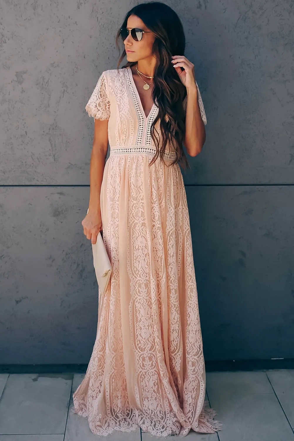 Burgundy Deep V Neck Short Sleeve Lace Maxi Dress
