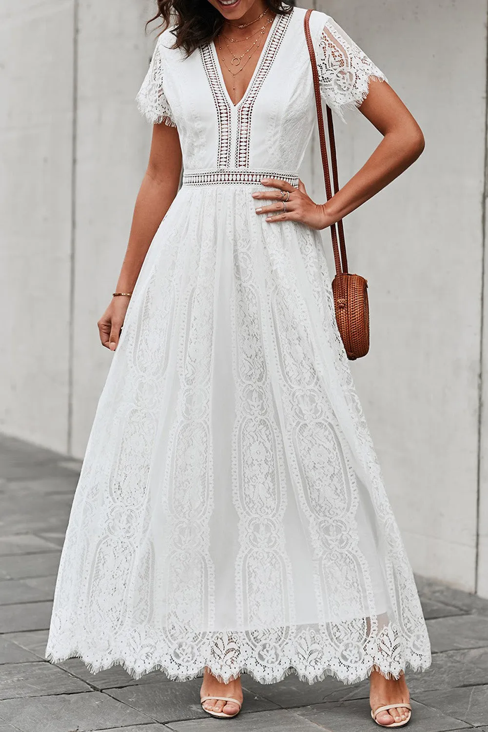 Burgundy Deep V Neck Short Sleeve Lace Maxi Dress