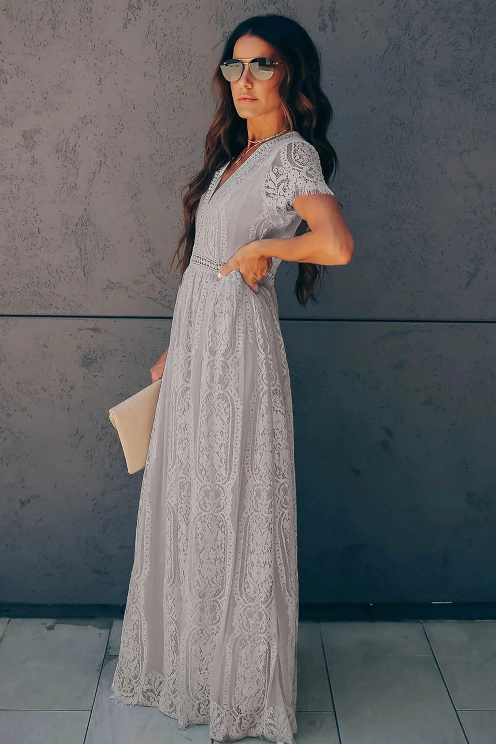 Burgundy Deep V Neck Short Sleeve Lace Maxi Dress