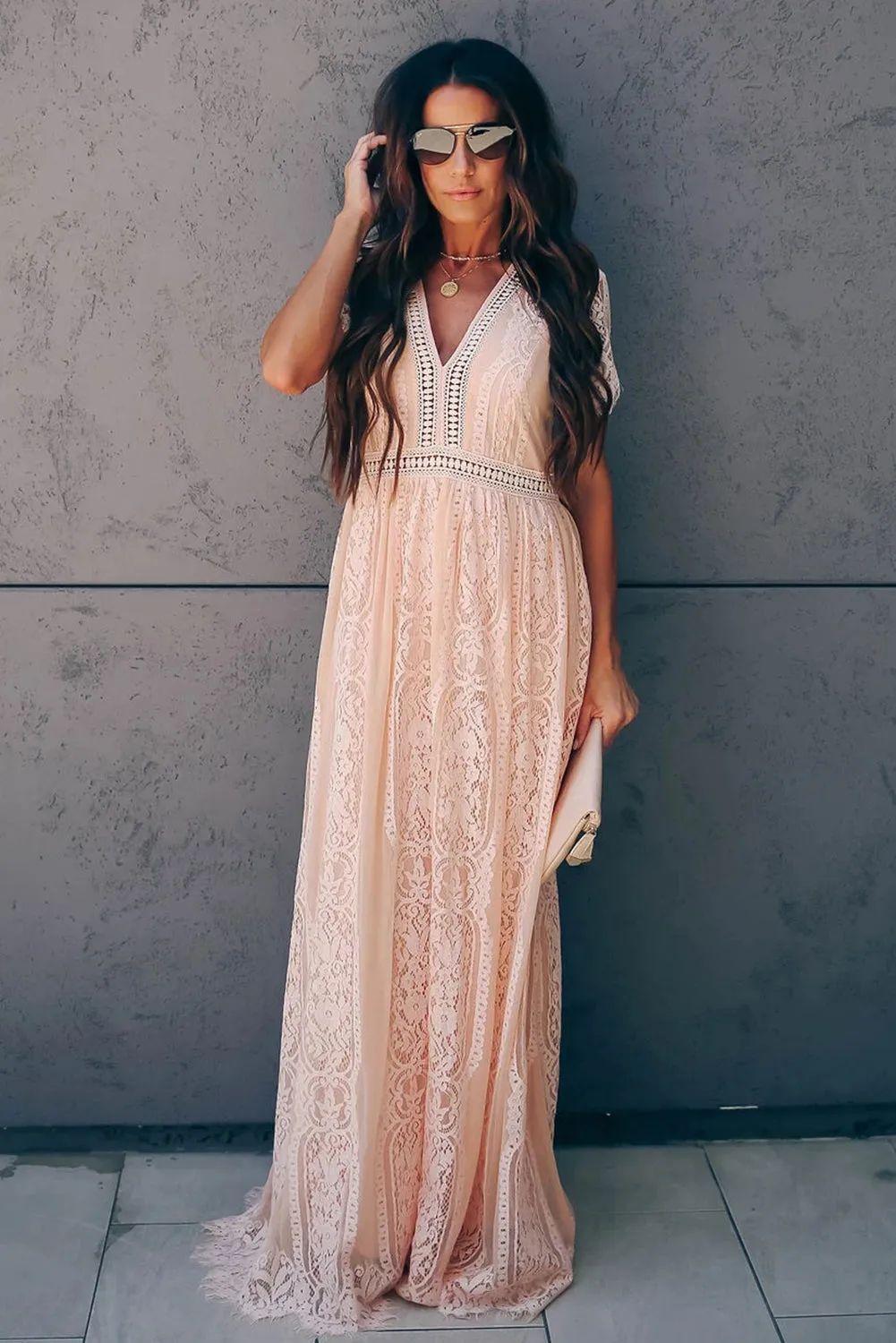 Burgundy Deep V Neck Short Sleeve Lace Maxi Dress