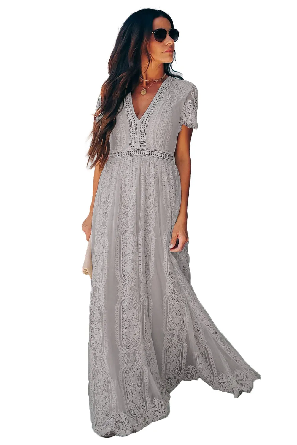 Burgundy Deep V Neck Short Sleeve Lace Maxi Dress