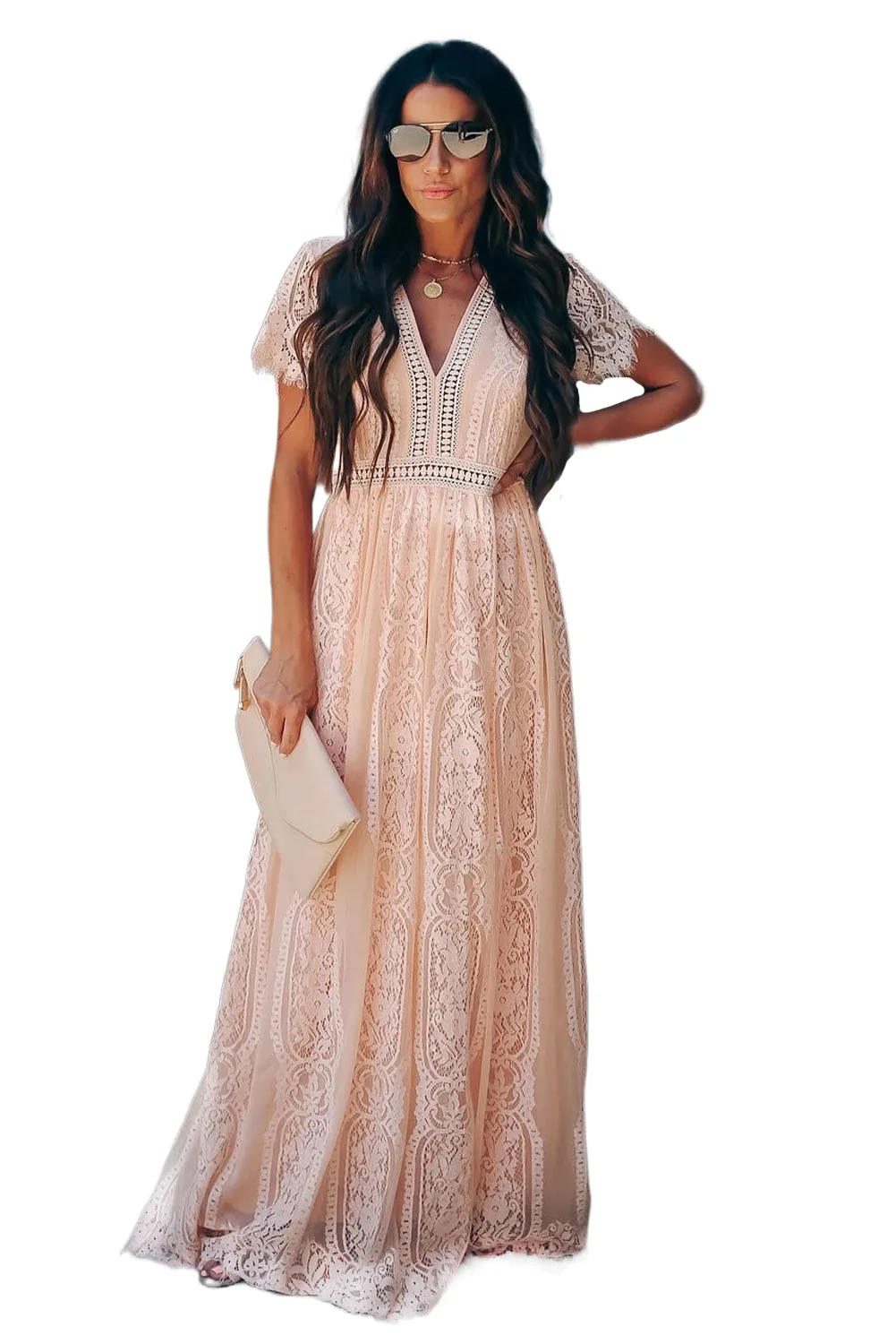 Burgundy Deep V Neck Short Sleeve Lace Maxi Dress