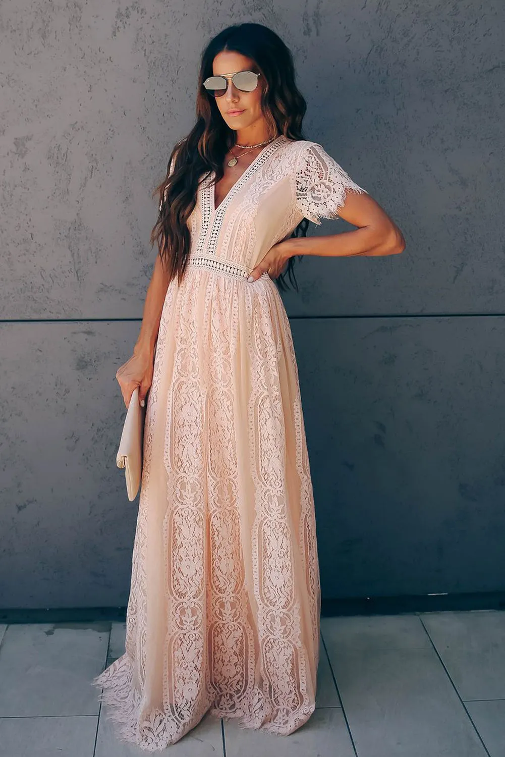 Burgundy Deep V Neck Short Sleeve Lace Maxi Dress