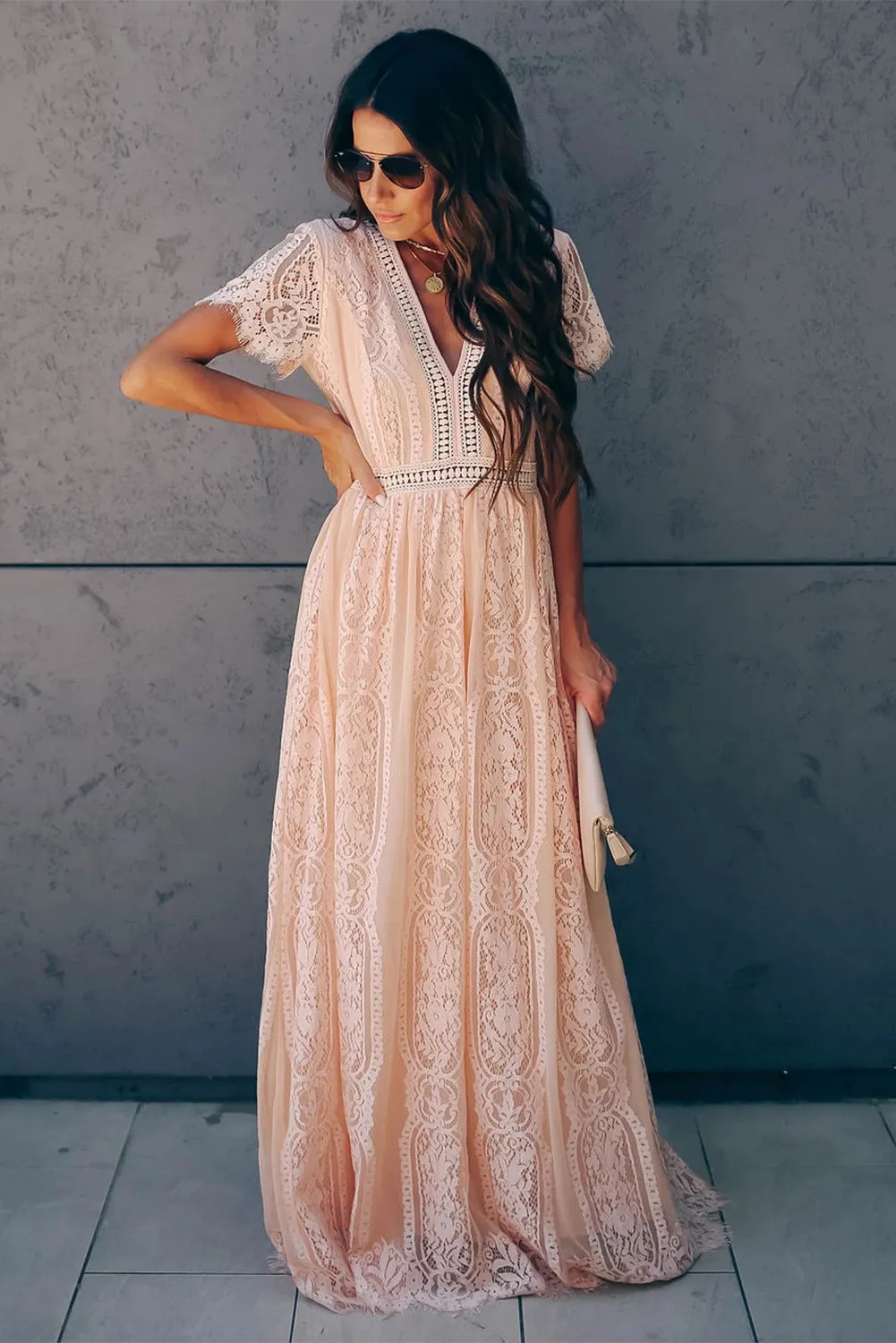 Burgundy Deep V Neck Short Sleeve Lace Maxi Dress