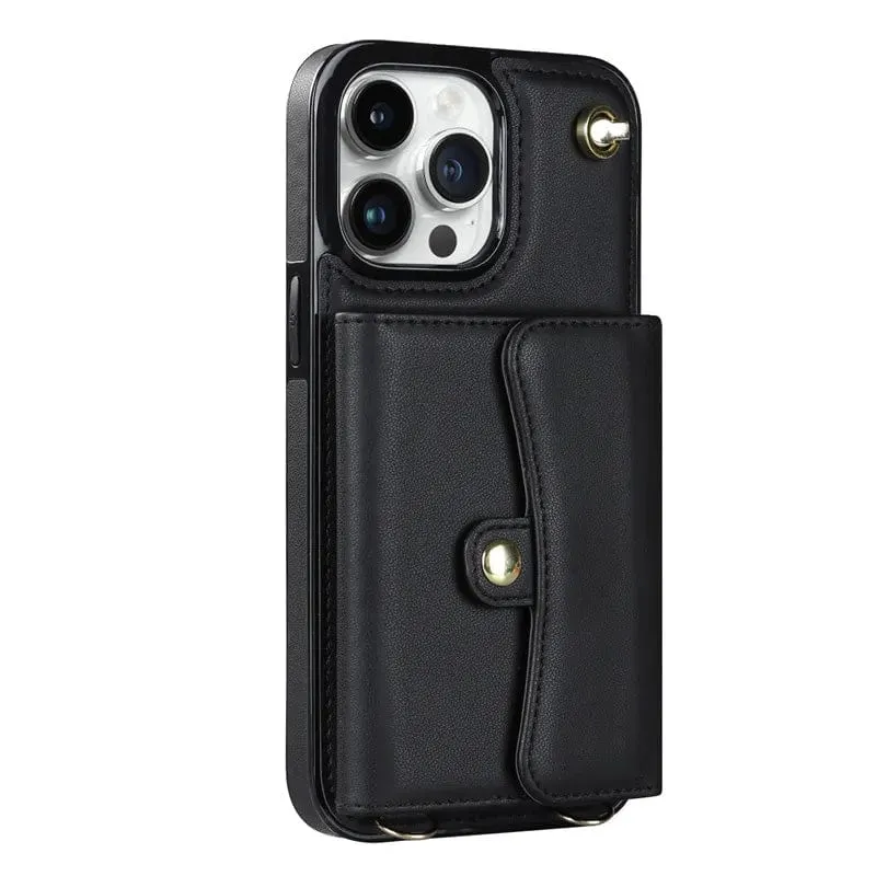 Cardholder Leather Phone Case With Lanyard