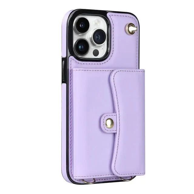 Cardholder Leather Phone Case With Lanyard