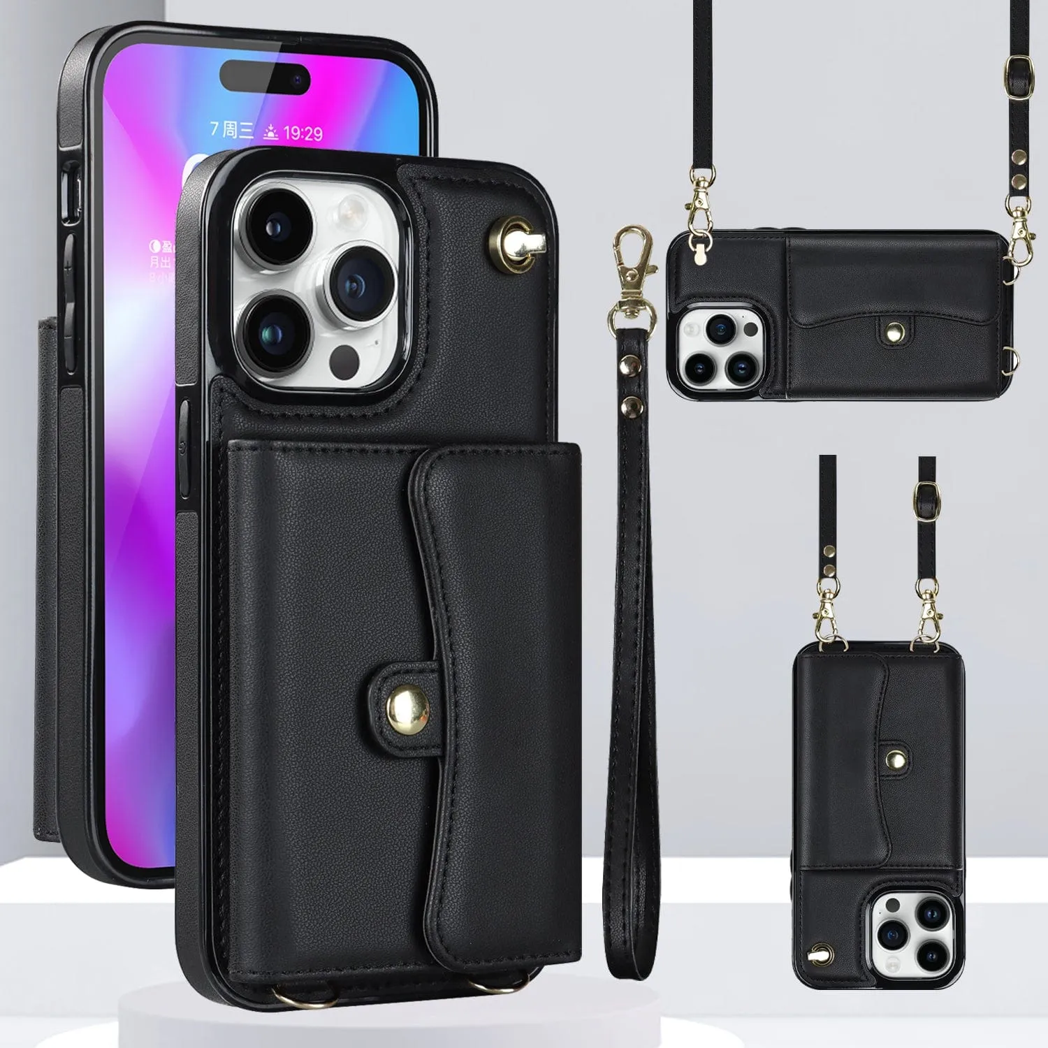 Cardholder Leather Phone Case With Lanyard