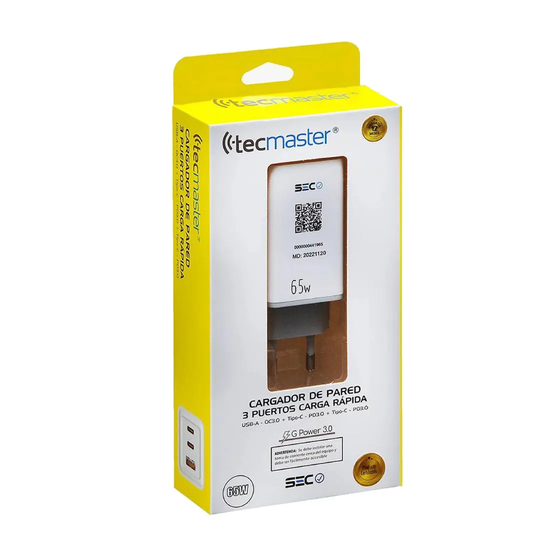 CARGADOR X2 USB-C   USB 65W TECMASTER TM-200539