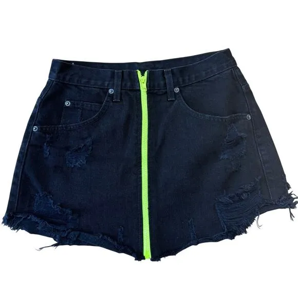 Carmar Black Neon Beatrice Denim Zip Distressed Zippered Skirt, Size 28
