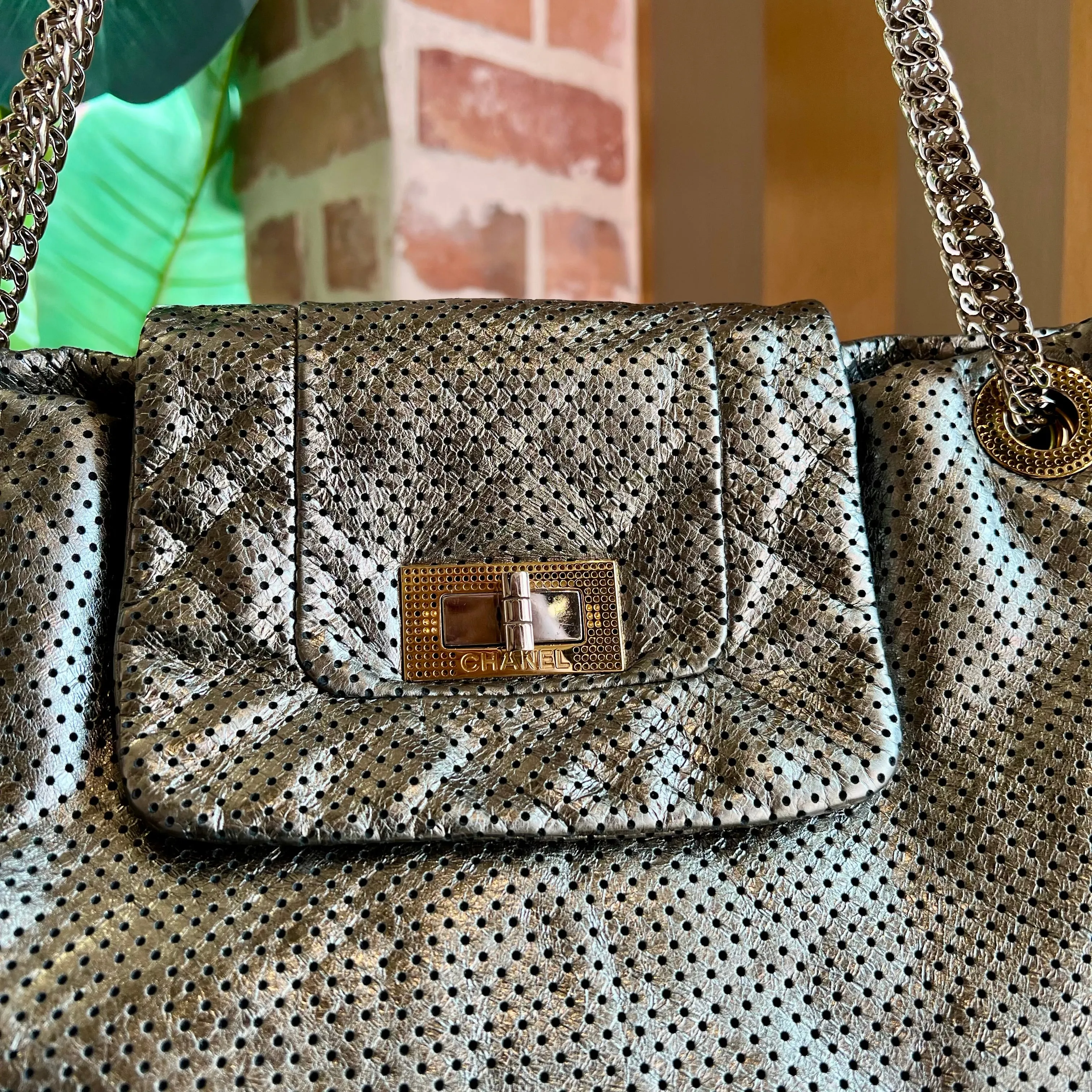 CHANEL Flap Large Silver Metallic Drill Perforated Crackled Calfskin Tote Bag TS3896