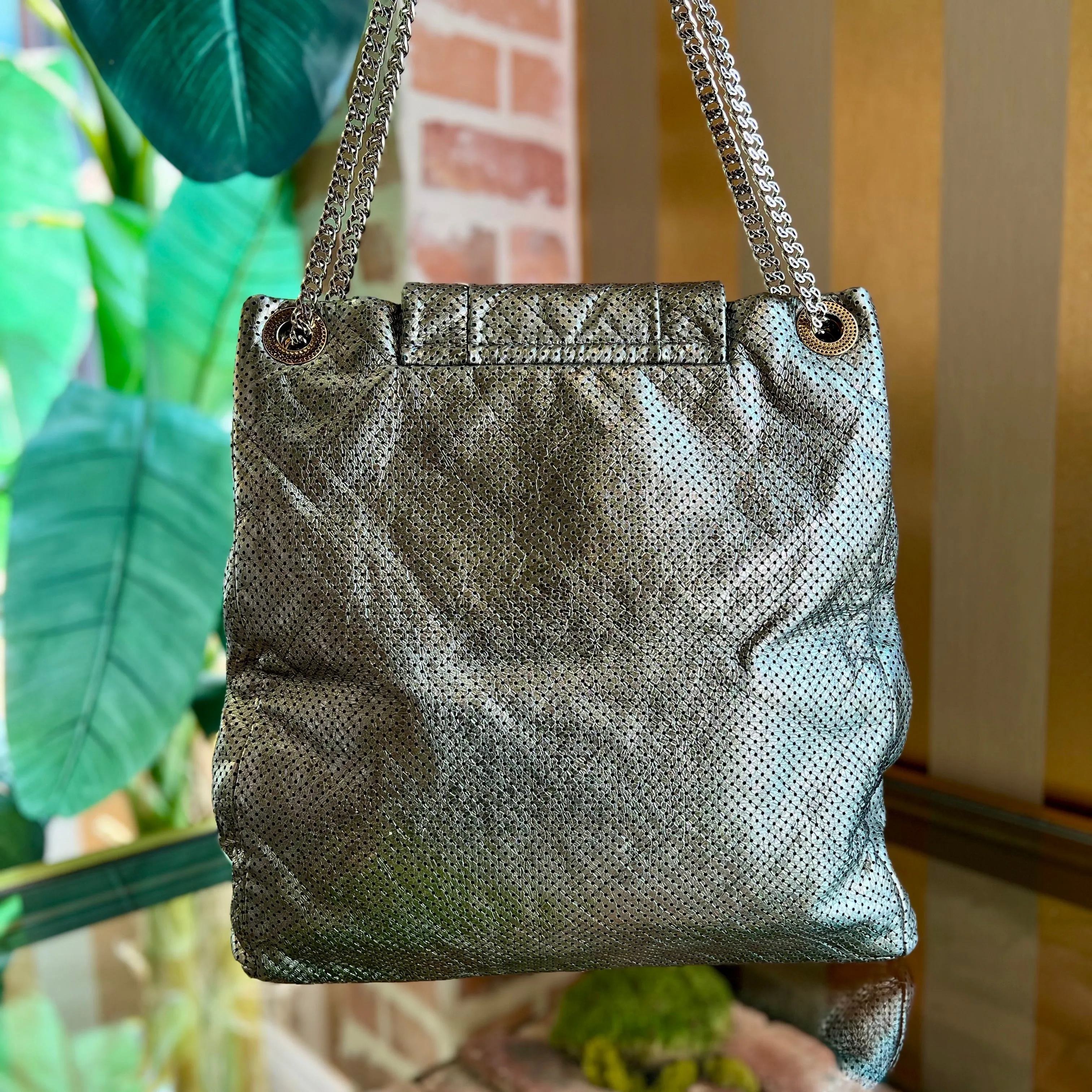 CHANEL Flap Large Silver Metallic Drill Perforated Crackled Calfskin Tote Bag TS3896