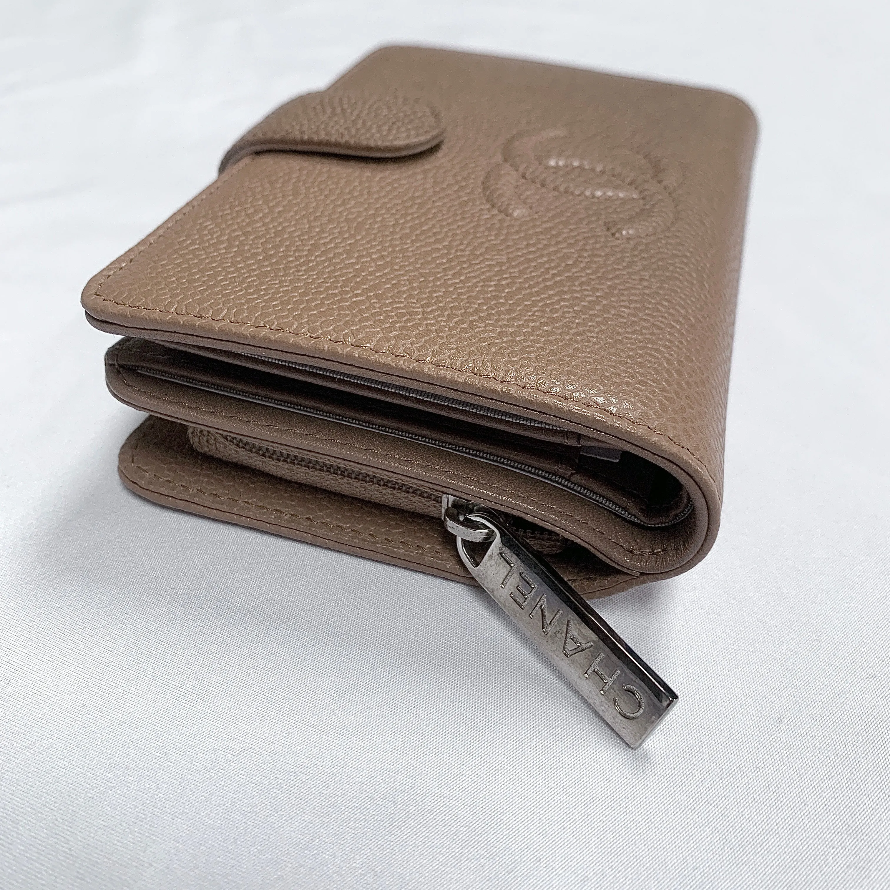 Chanel L-zip CC Leather Pocket Wallet in Dark Beige
