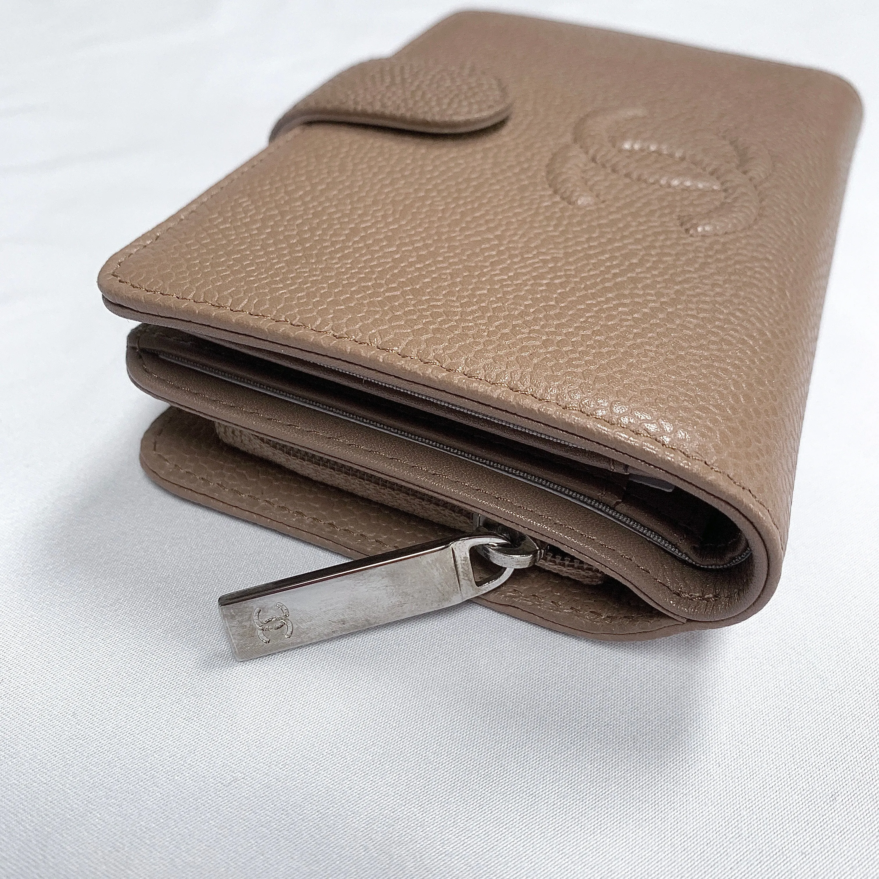 Chanel L-zip CC Leather Pocket Wallet in Dark Beige
