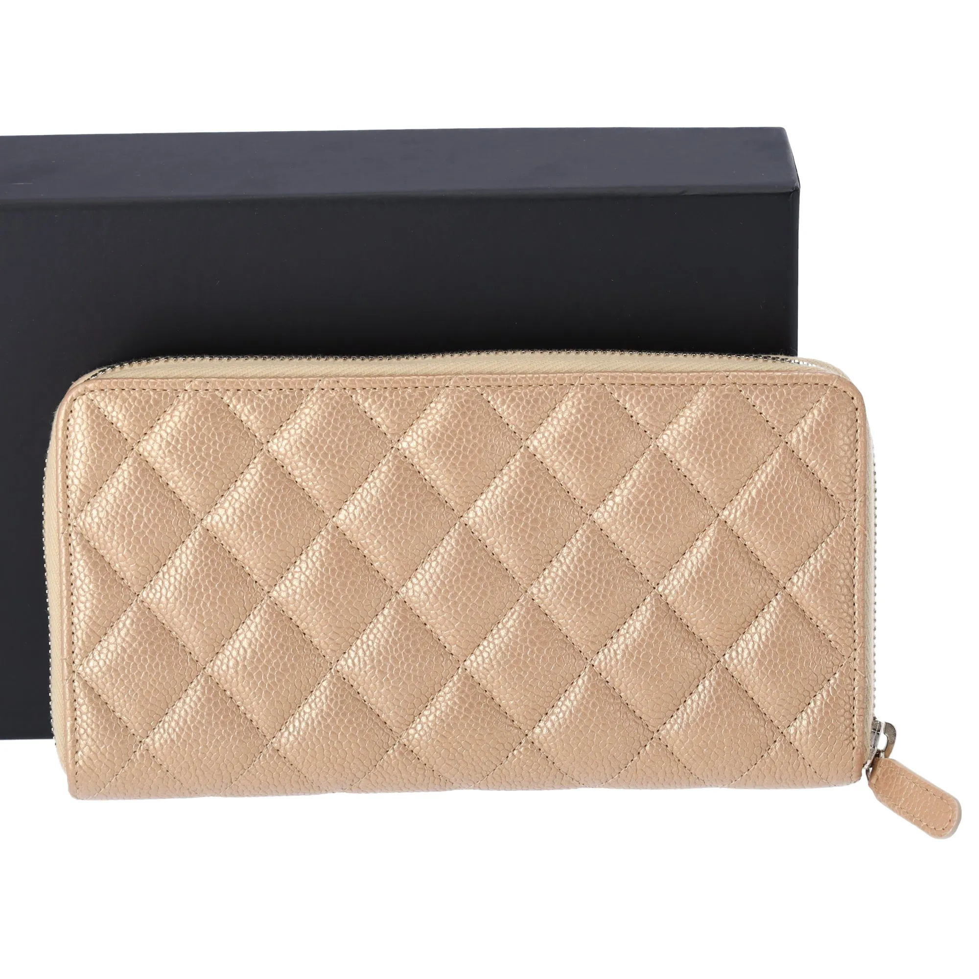 CHANEL Matelasse Classic Quilted Long Zip Around Wallet Gold Caviar Leather