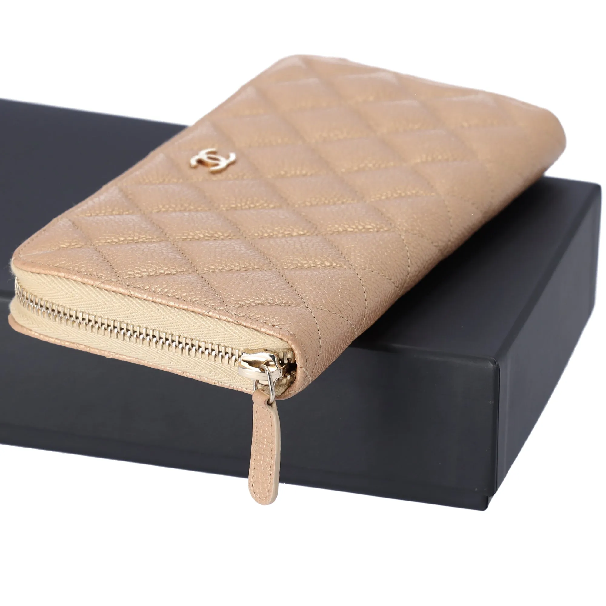 CHANEL Matelasse Classic Quilted Long Zip Around Wallet Gold Caviar Leather