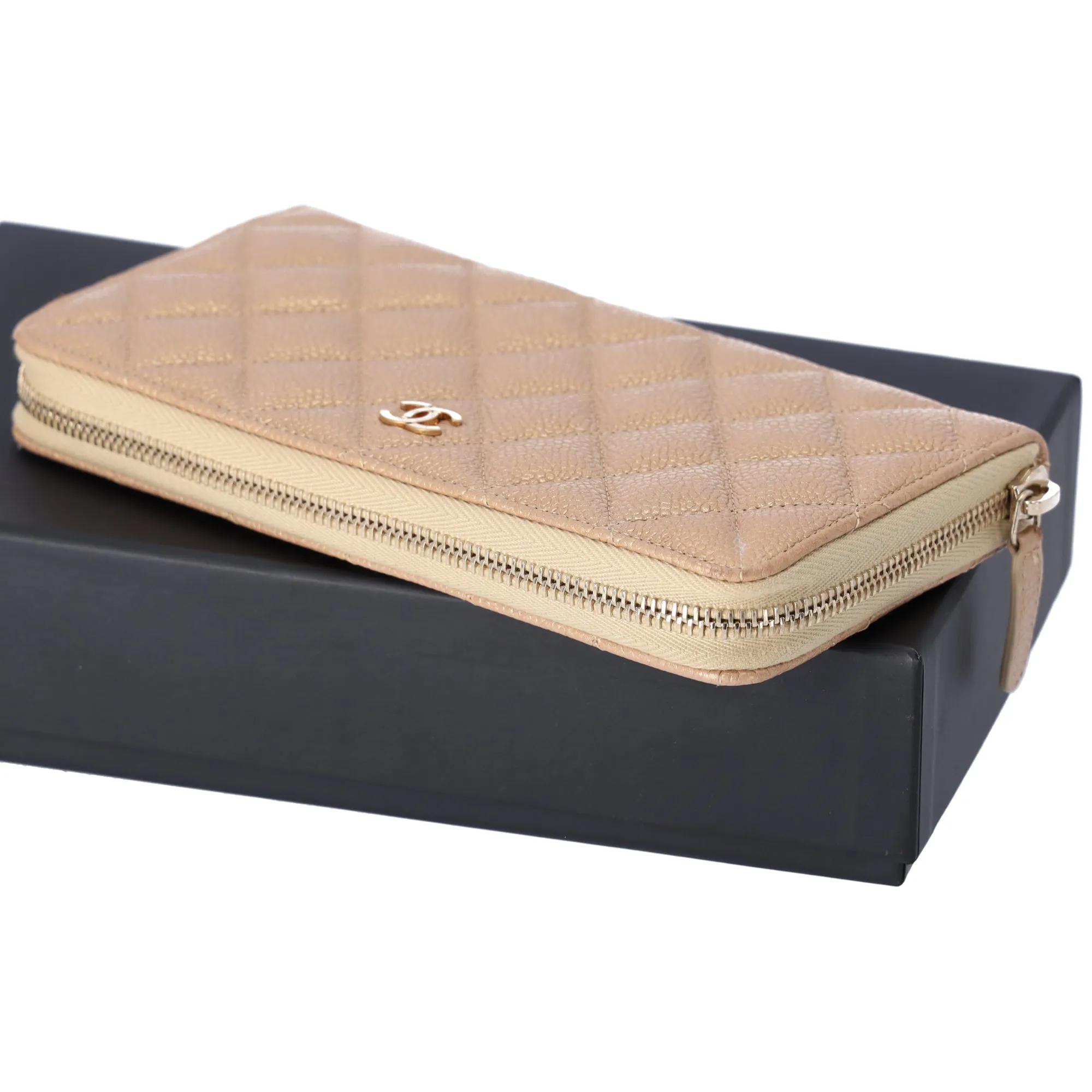 CHANEL Matelasse Classic Quilted Long Zip Around Wallet Gold Caviar Leather