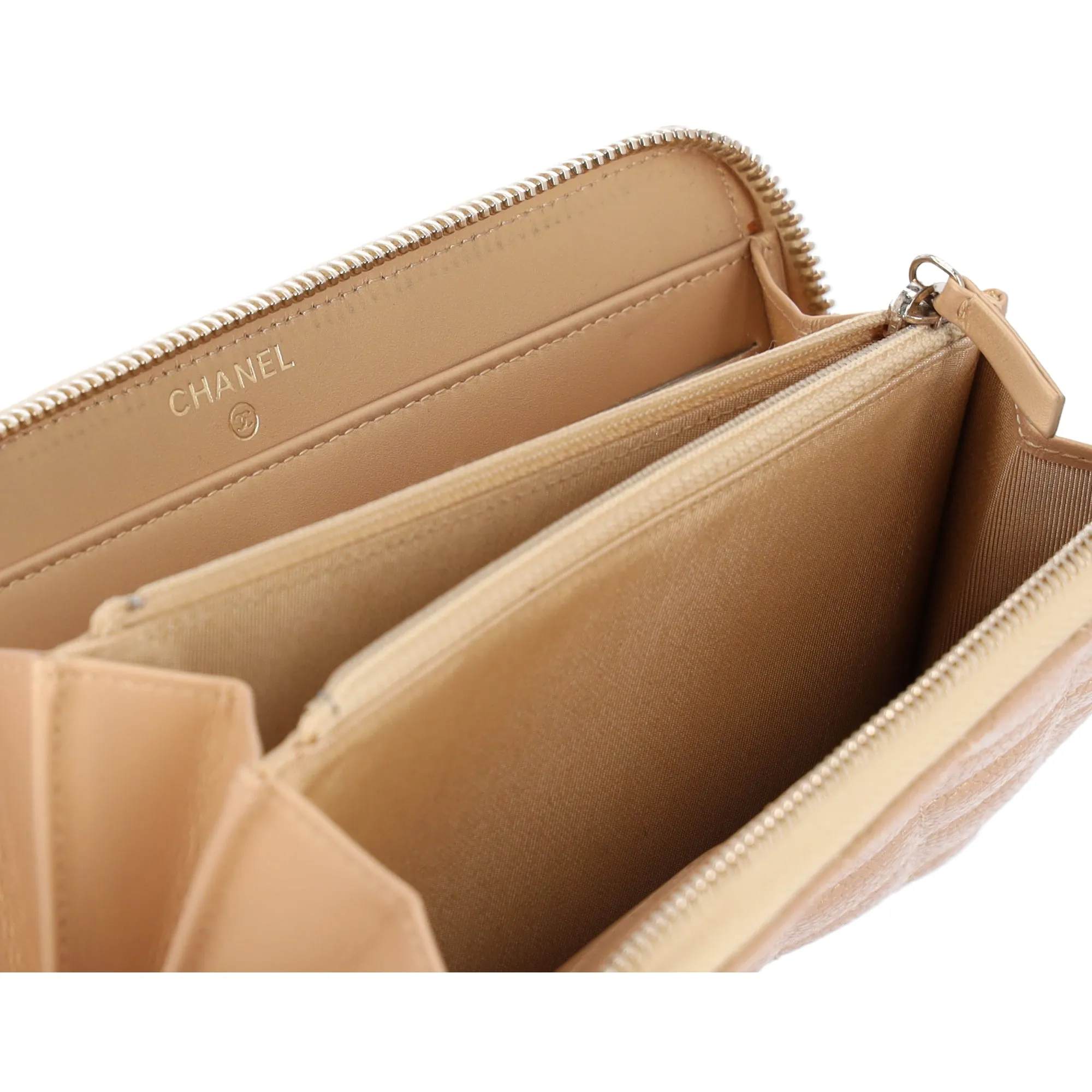 CHANEL Matelasse Classic Quilted Long Zip Around Wallet Gold Caviar Leather