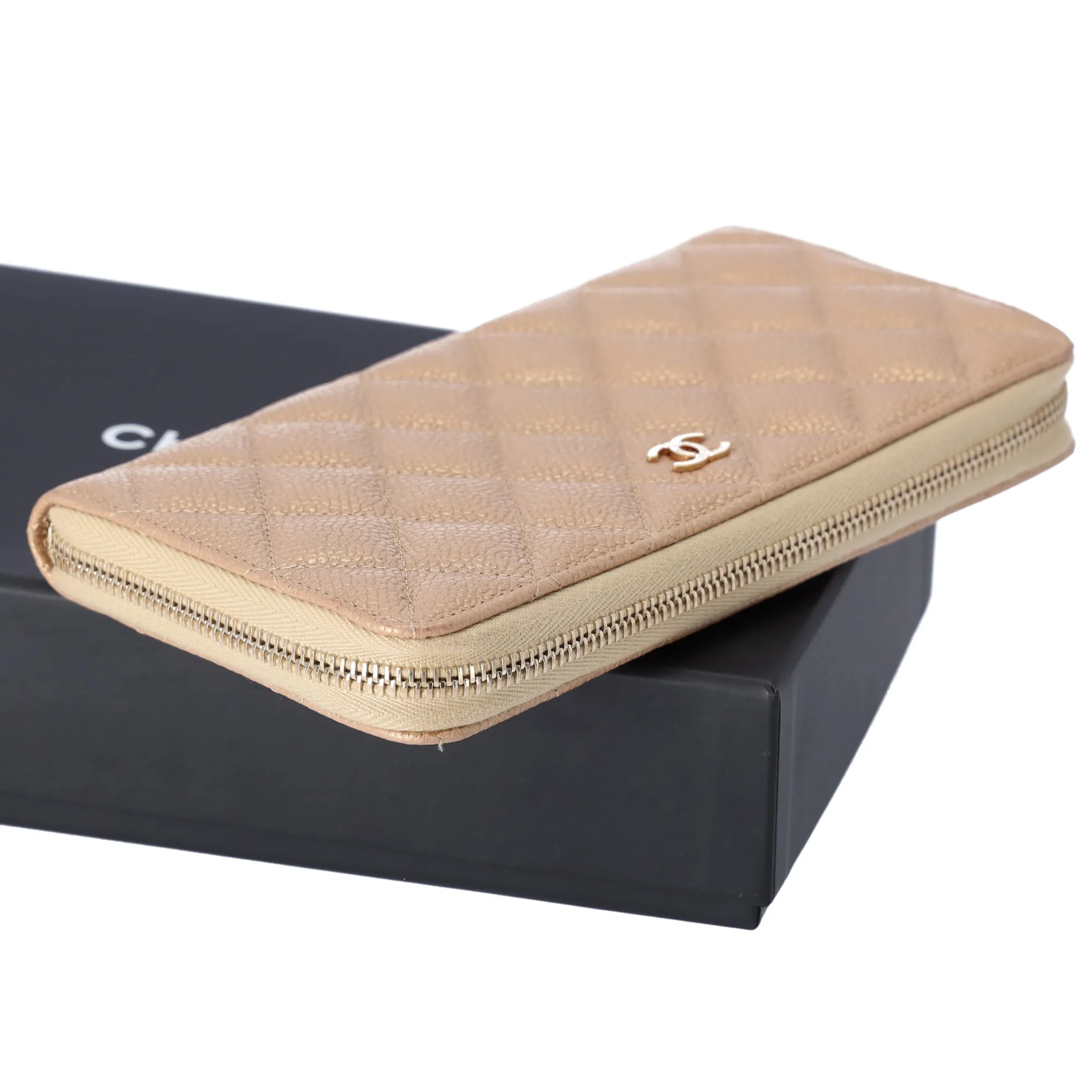 CHANEL Matelasse Classic Quilted Long Zip Around Wallet Gold Caviar Leather
