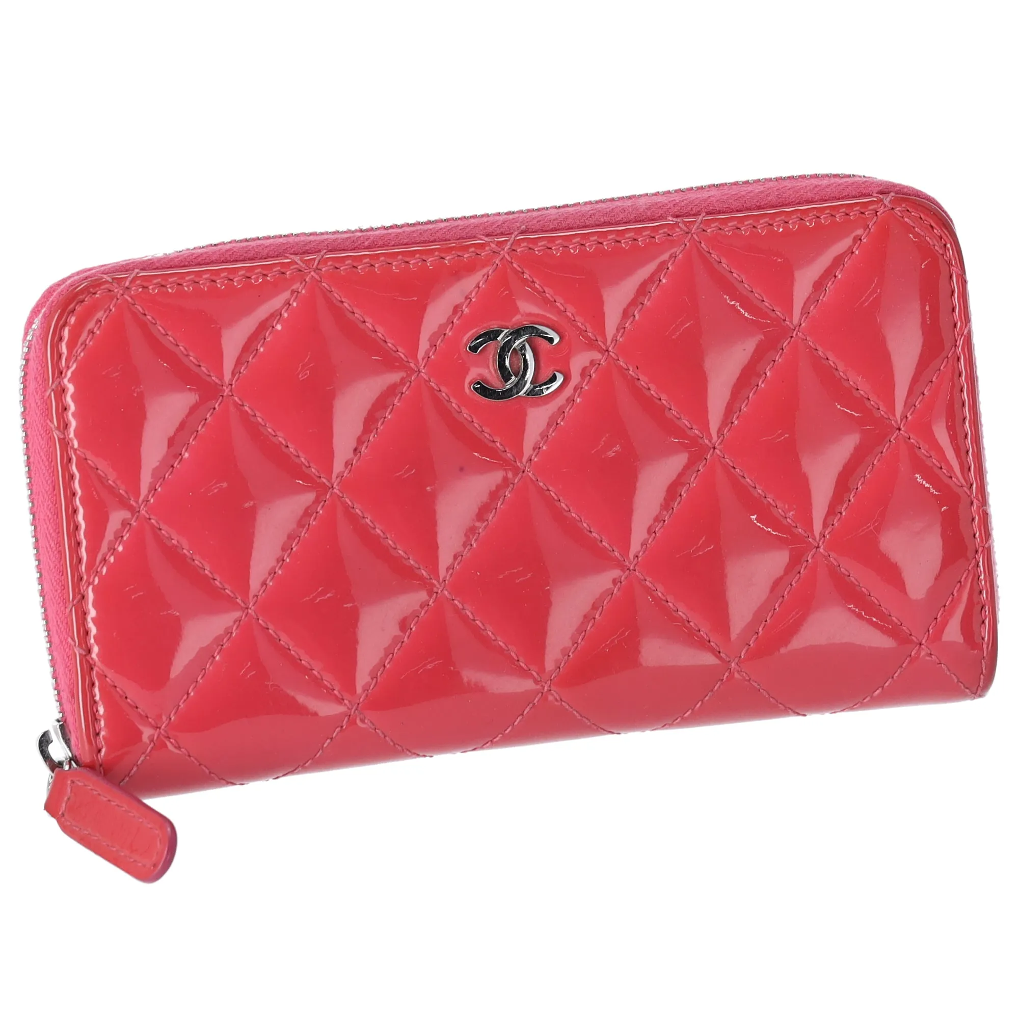 CHANEL Mateless Medium Zip Around Wallet Pink Quilted Patent Leather