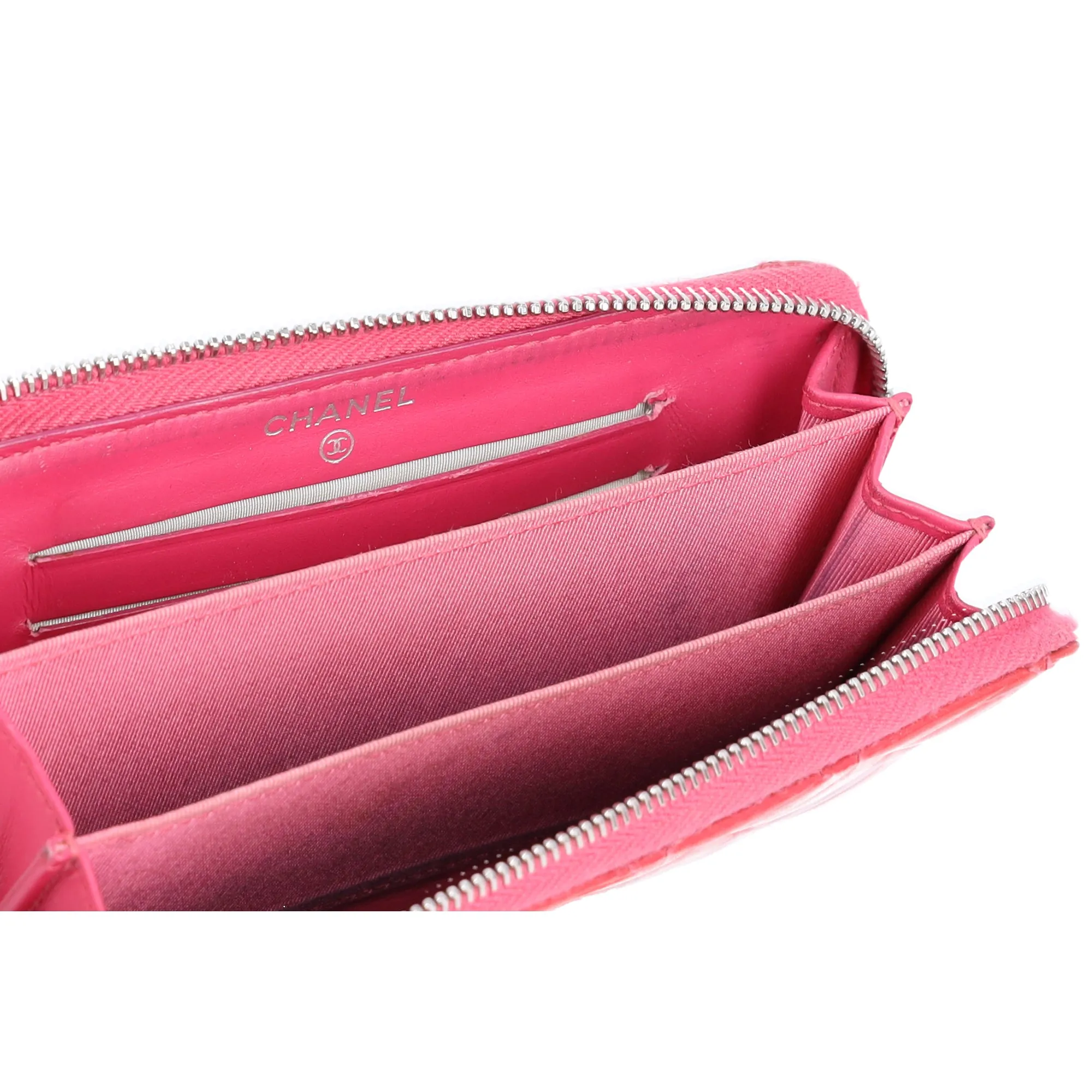 CHANEL Mateless Medium Zip Around Wallet Pink Quilted Patent Leather