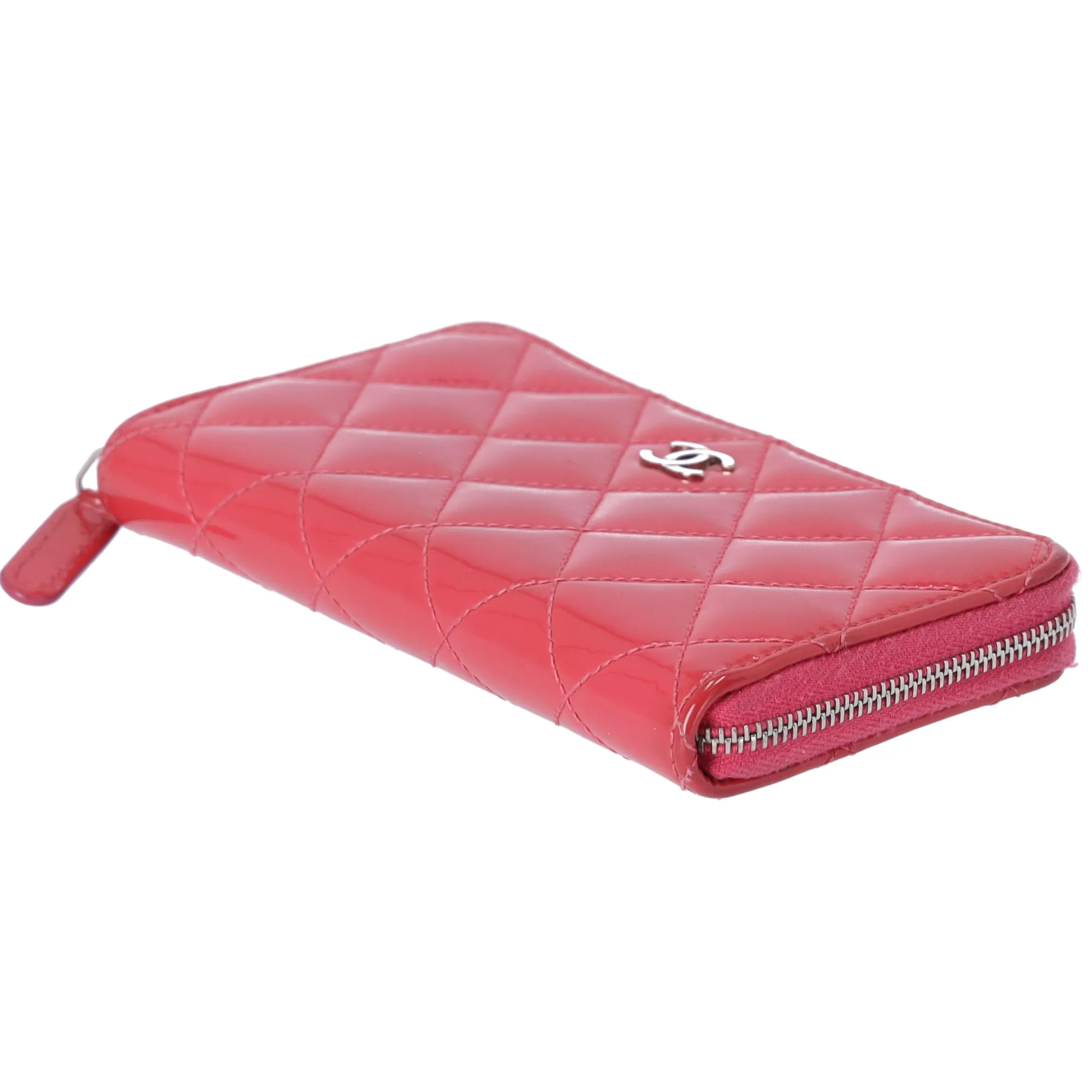 CHANEL Mateless Medium Zip Around Wallet Pink Quilted Patent Leather