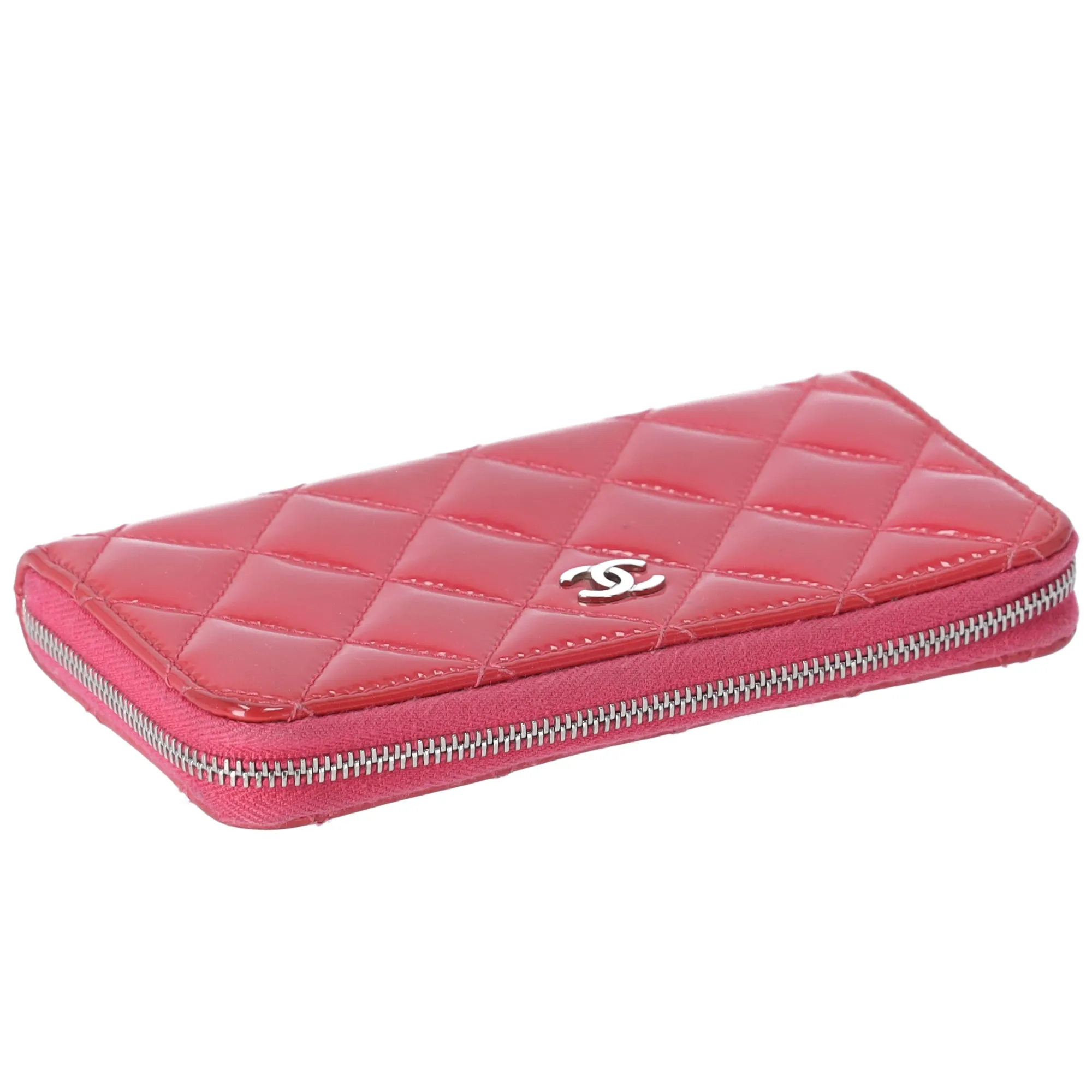 CHANEL Mateless Medium Zip Around Wallet Pink Quilted Patent Leather