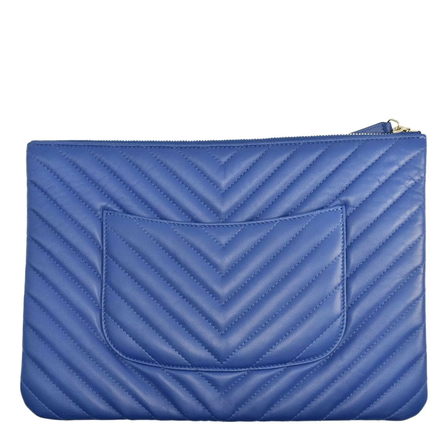 CHANEL O Case Chevron Leather Clutch Bag Blue