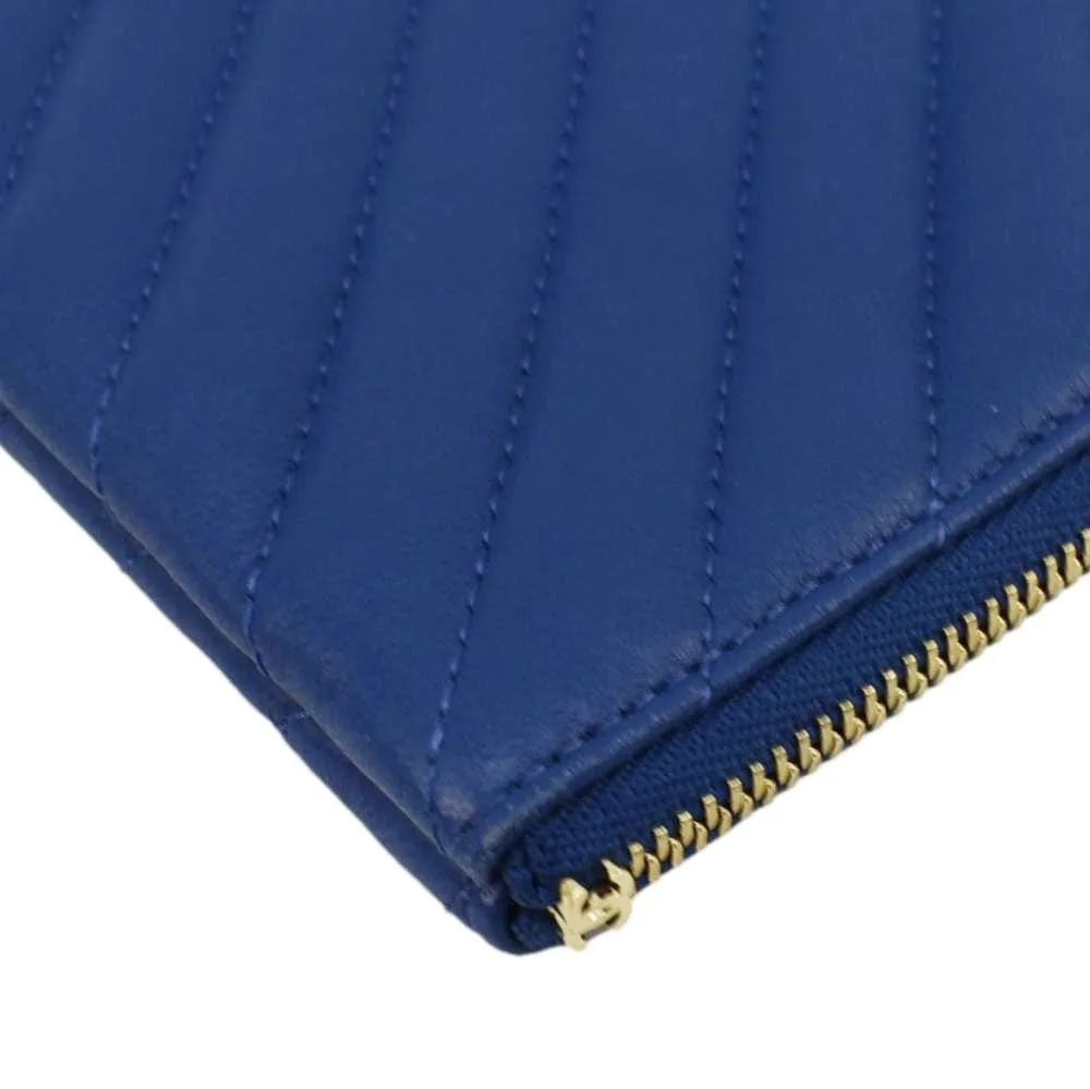 CHANEL O Case Chevron Leather Clutch Bag Blue