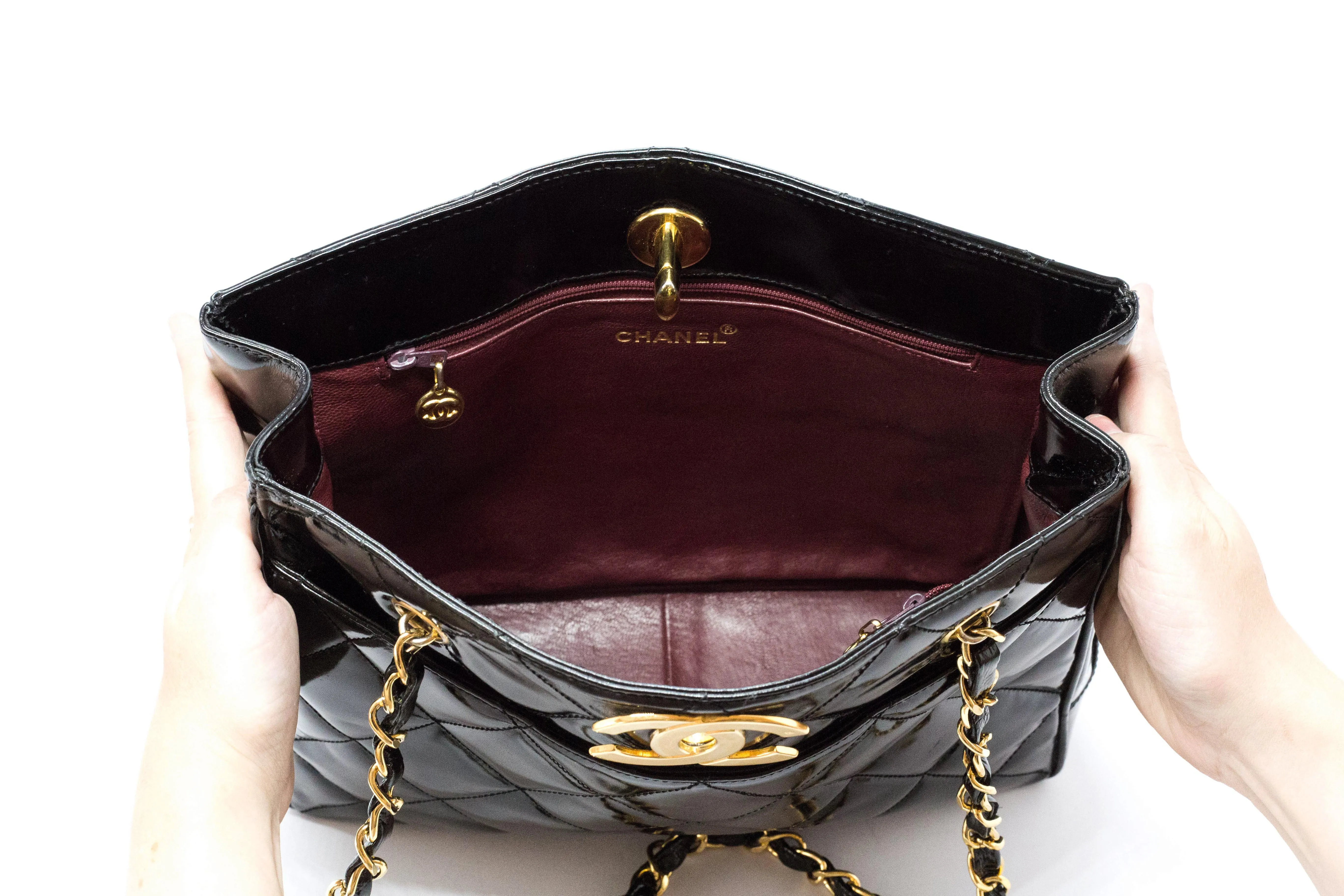 Chanel Vintage Black Patent Rare Jumbo Turnlock Tote