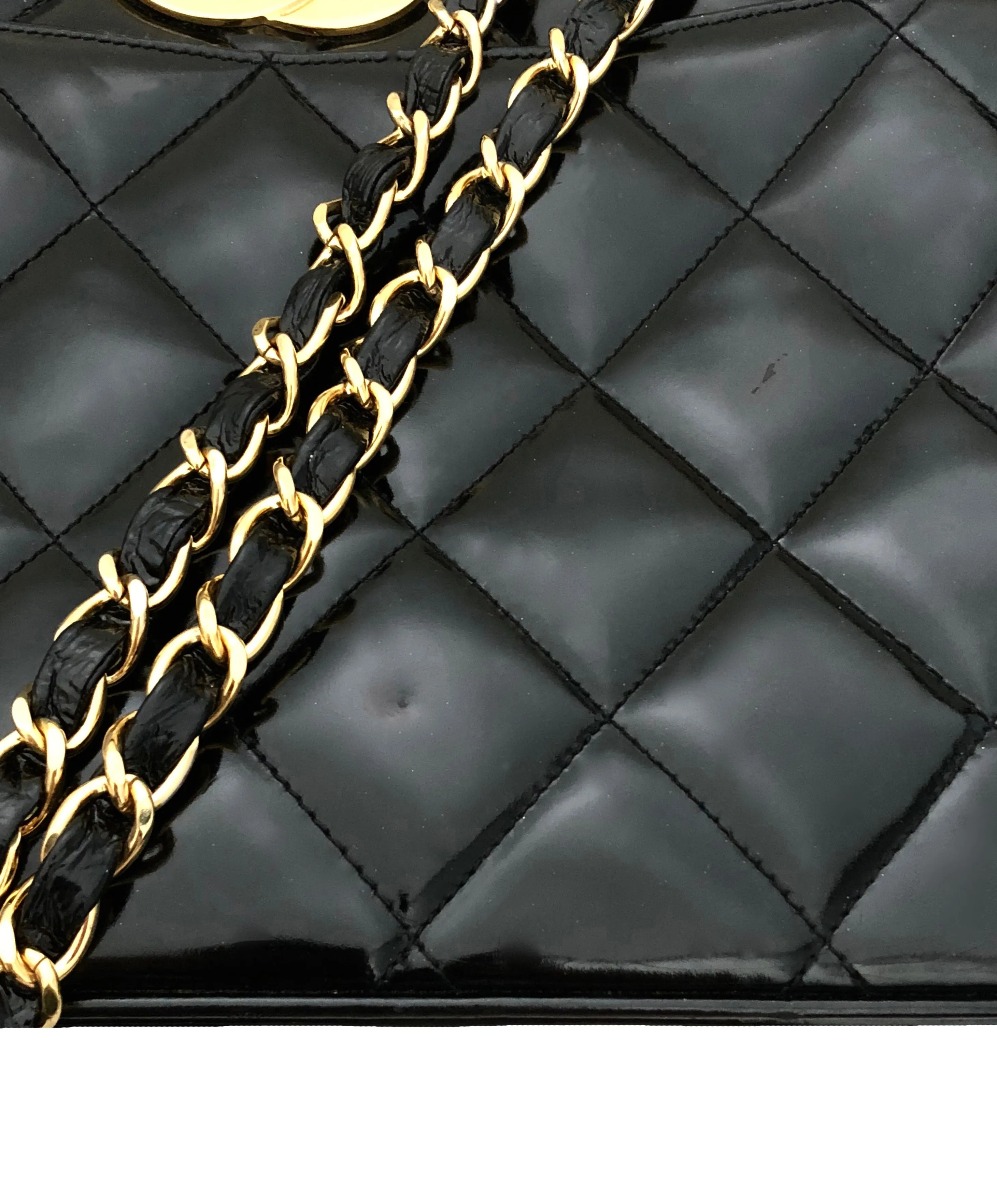 Chanel Vintage Black Patent Rare Jumbo Turnlock Tote