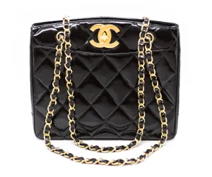 Chanel Vintage Black Patent Rare Jumbo Turnlock Tote
