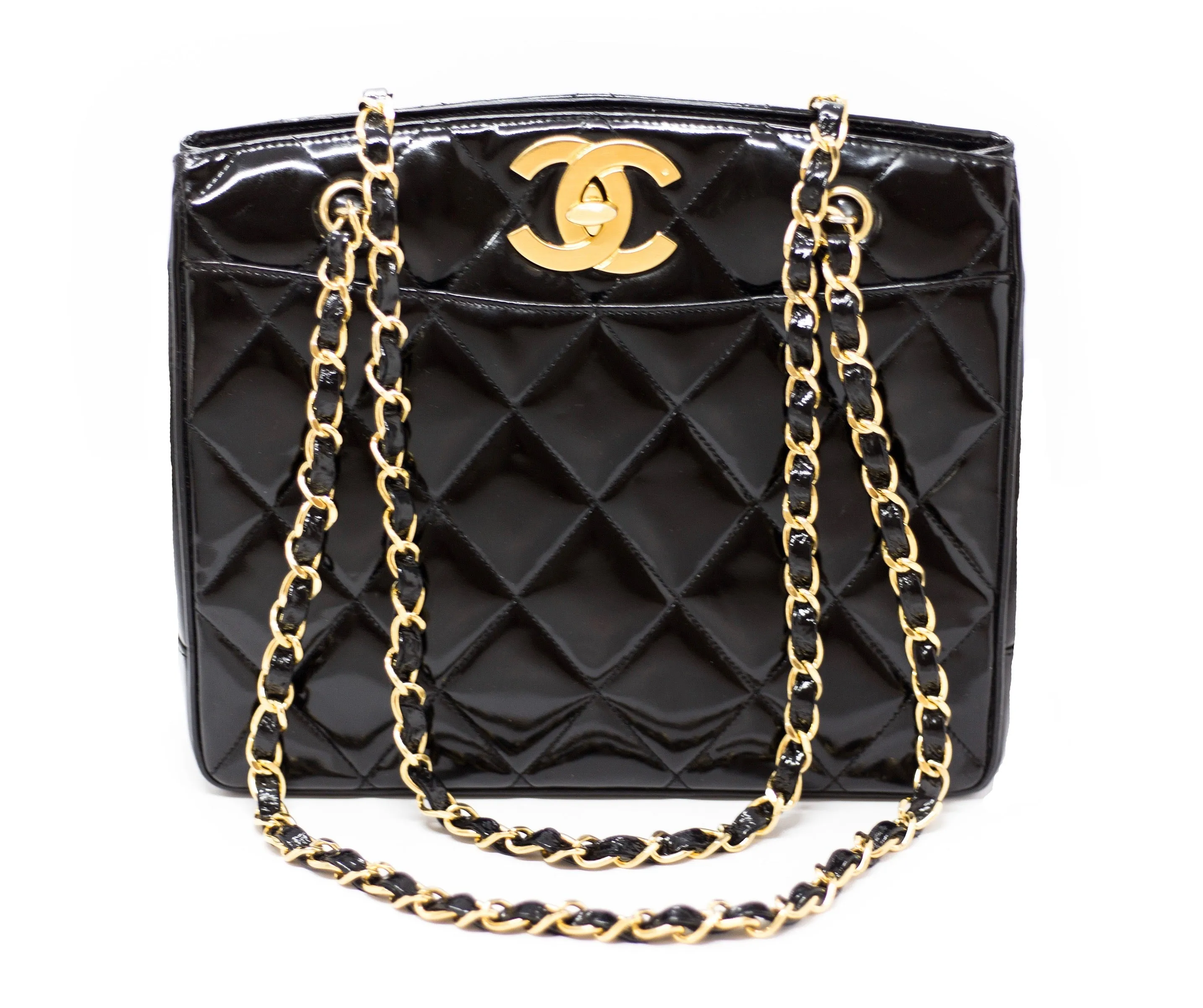 Chanel Vintage Black Patent Rare Jumbo Turnlock Tote