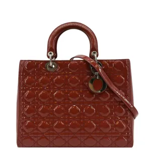 CHRISTIAN DIOR Lady Dior Large Quilted Patent Leather Shoulder Bag Reddish Orange