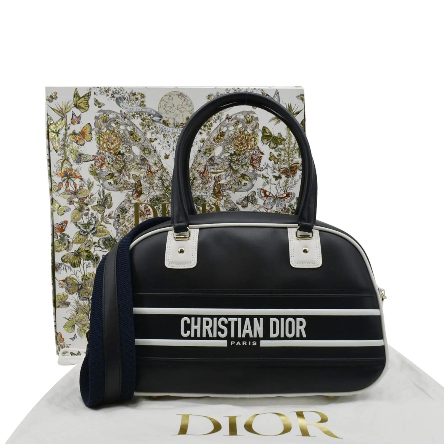 CHRISTIAN DIOR Vibe Zip Bowling Medium Leather Shoulder Bag Navy Blue