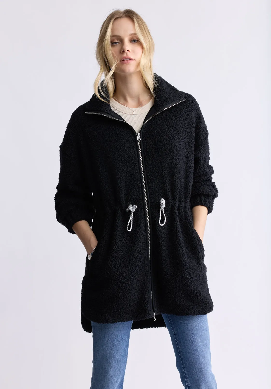 Citra Women's Cinch-Waist Full-Zip Sherpa Coat, Black  - JK0038F