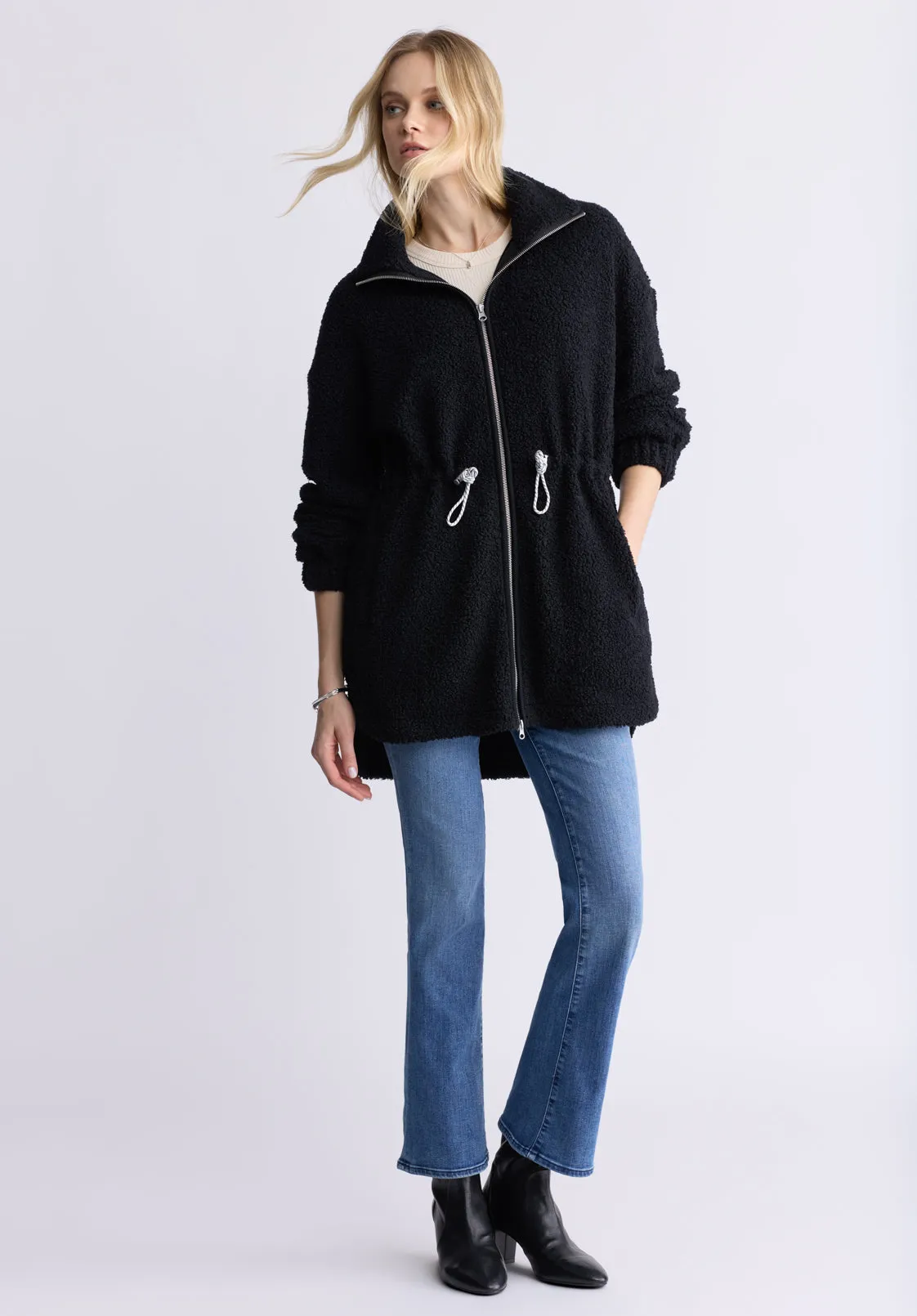 Citra Women's Cinch-Waist Full-Zip Sherpa Coat, Black  - JK0038F