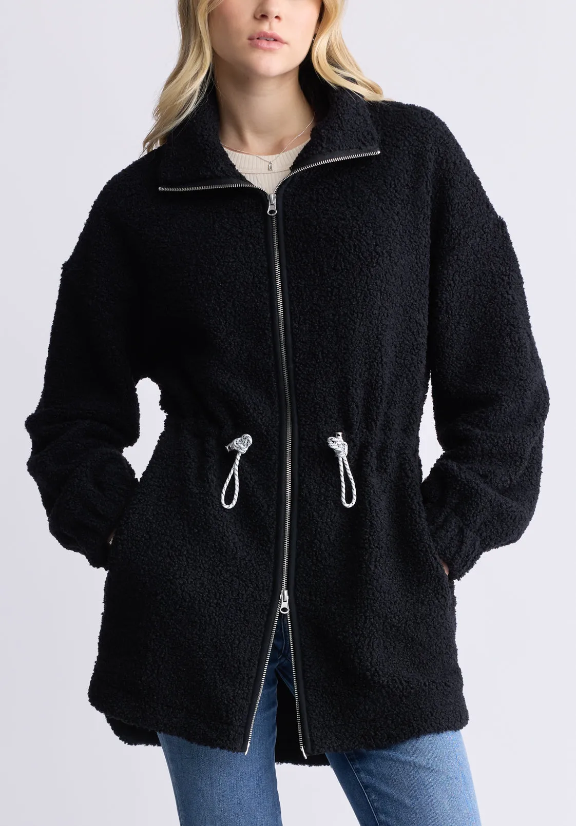 Citra Women's Cinch-Waist Full-Zip Sherpa Coat, Black  - JK0038F