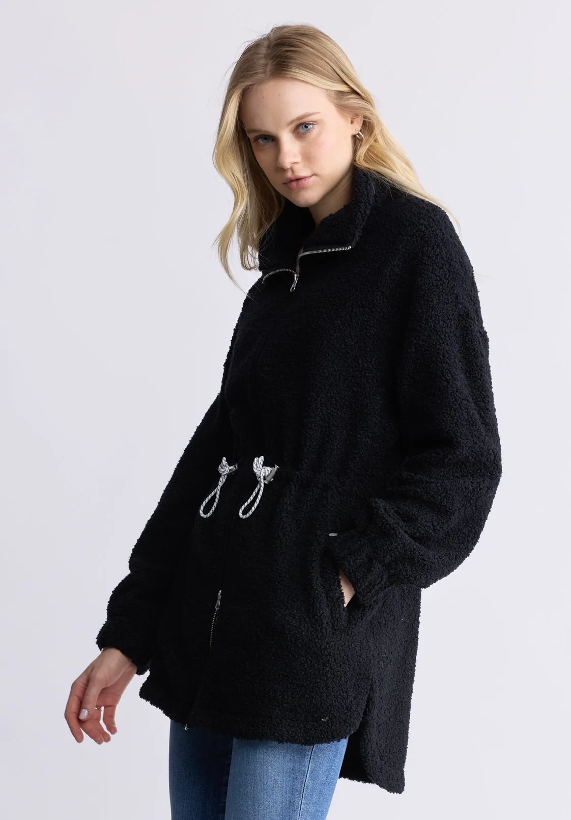 Citra Women's Cinch-Waist Full-Zip Sherpa Coat, Black  - JK0038F