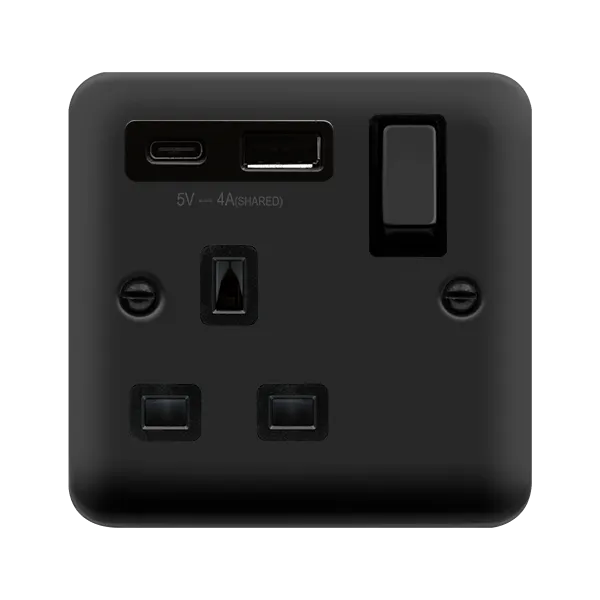 Click Deco Plus DPMB585BK 13A Ingot 1G Switched Safety Shutter Socket   Type A&C USB - Matt Black (Black)
